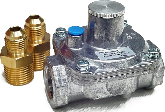 1/2" Natural/Propane Gas Pressure Regulator with 2 Brass Pipe Fittings (1/2" x 1/4"), 13/16" In and Out Opening, 1/2 PSI (Inlet pressure), LPG 10" NG 4" (Outlet pressure)
