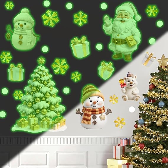 Merry Christmas Luminous Window Sticker,Christmas Window Decorations,Xmas Luminous Decoration,White Snowman Window Clings,Snowflake Santa Claus Wall Decals Polar Bear for Home Party Office