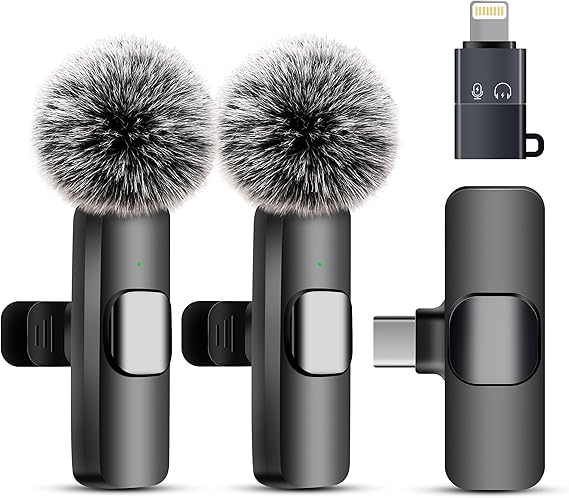 Wireless Lavalier Microphone for iPhone iPad & Android - 2 Pack Mini Clip-On Mic with Noise Cancellation, USB-C/Lightning - for TikTok, YouTube, Podcast, Live Streaming