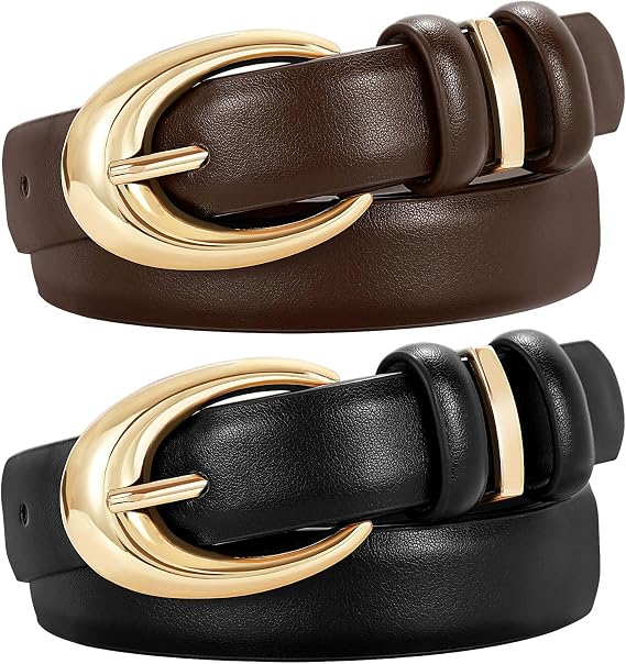 TRIWORKS 2 Pack Women Leather Belt for Jeans Pants Fashion Ladies Faux Leather Belt with Gold Buckle