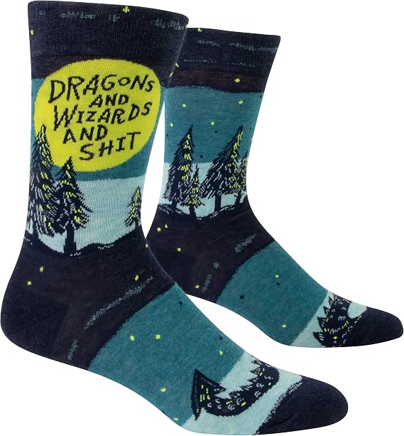 Blue Q Mens Crew Socks - Funny Novelty Crazy Socks with Fun Sayings for Men, Silly Gift for Dad, Husband or Guys, Happy Cool Funky Unique Design - Dragons and Wizards and Shit, Fit Shoe Size 7-12