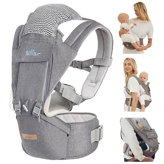 Bear Baby Carrier, 6-in-1 Baby Carrier Newborn to Toddler with Hip Seat (Ergonomic M Position) for 3-36 Month/ 7-44lbs Baby, Adjustable Size for Enhanced Lumbar Support, Perfect for On-the-go