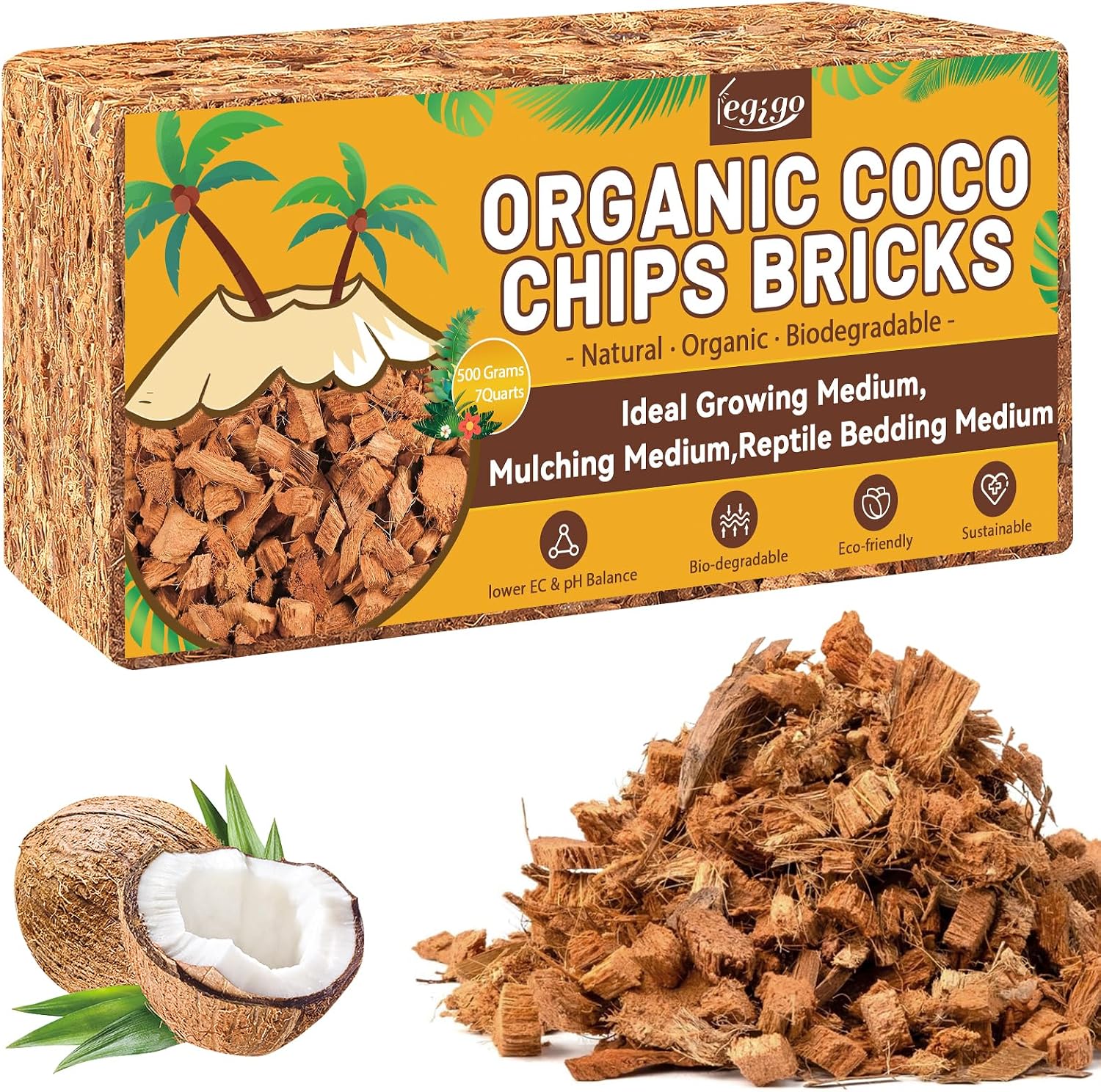 Legigo 1.1LB Coco Husk Chips for Plants- 100% Organic Coconut Coir Chips Brick with Low EC &amp; PH Balance, Compressed Coconut Substrate Coco Chips Mulch Medium for Garden, Flowers, Plants
