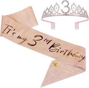3th Birthday Sash and Tiara Set Rose Gold Sash Crown Birthday Party Favors Supplies for Party