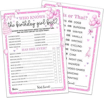 GREOXG Pink Birthday Party Game Card, 5x7 Inches Lovely Double-Sided Cards, Who Knows The Birthday Best, Entertainment Creative Games for Friends, Party Supplies and Decorations-A04