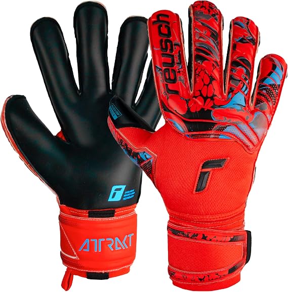 Reusch Attrakt Gold X Evolution Cut Finger Support Gloves Red/Blue, Size 9 | goalkeeper gloves, tacky latex palm, five protection spines, goalie, soccer, DuraGuard patch, preshaped design, breathable