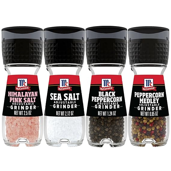 McCormick Grinder Essentials Variety Pack, Non GMO, Varieties Include Black Peppercorn, Himalayan Pink Salt, Peppercorn Medley & Sea Salt, 6.47 oz