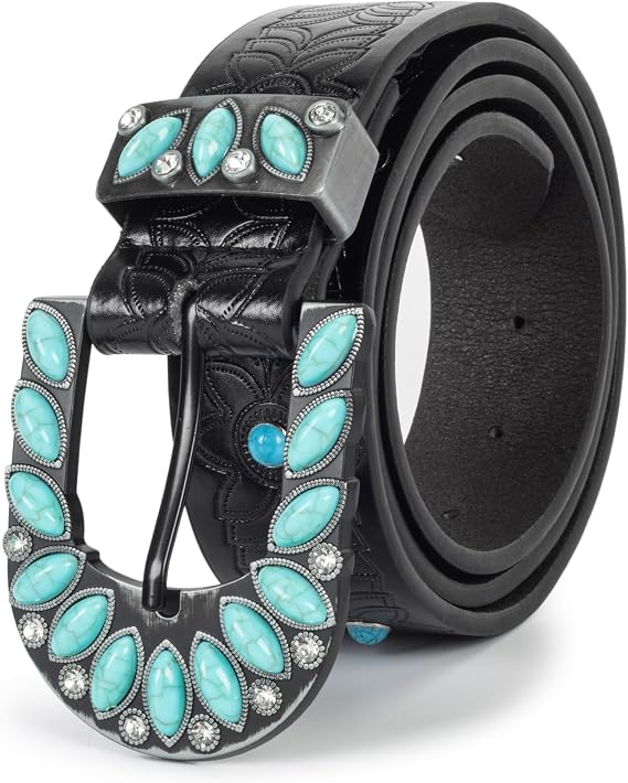 Western-Leather-Belts-Women Vintage Waist-Belts with Hollow Out Flower