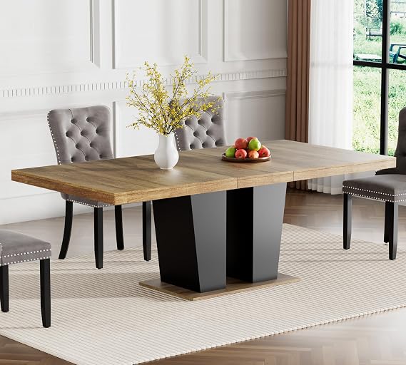 63"-78.74" Extendable Dining Room Table for 4 6 8 10, Wooden Expandable Kitchen Table with Black Dual Columns Base, Modern Rectangular Expandable Dinner Tables for Small Space, Dining Room
