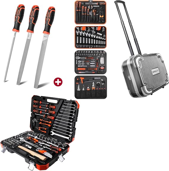 REALTEK 3PCS Metal File Set, 123 Piece Tool Set with 100 Piece Mechanics Tool Set