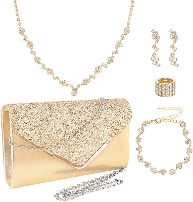 5Pcs Gold Clutch Purse Rhinestone Jewelry Set for Women Formal, Prom Clutch Purse Necklace Earrings Ring Bracelets