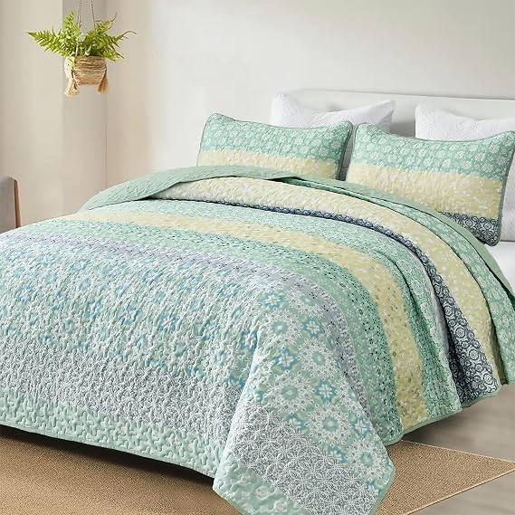 WONGS BEDDING Boho Quilt Set Queen,3 Pcs Sage Green Striped Bedspread