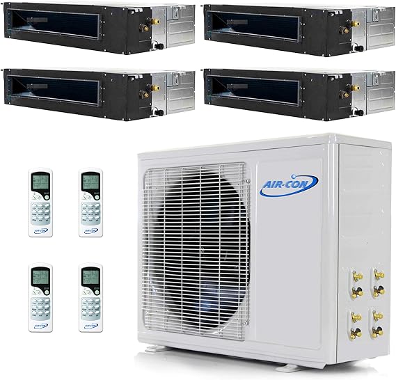 Multi Zone Mini Split Ductless Air Conditioner Quad 4 Zone 12000 + 12000 + 12000 + 12000 - Pre-Charged Inverter Compressor - Slim Duct - US Parts and Support