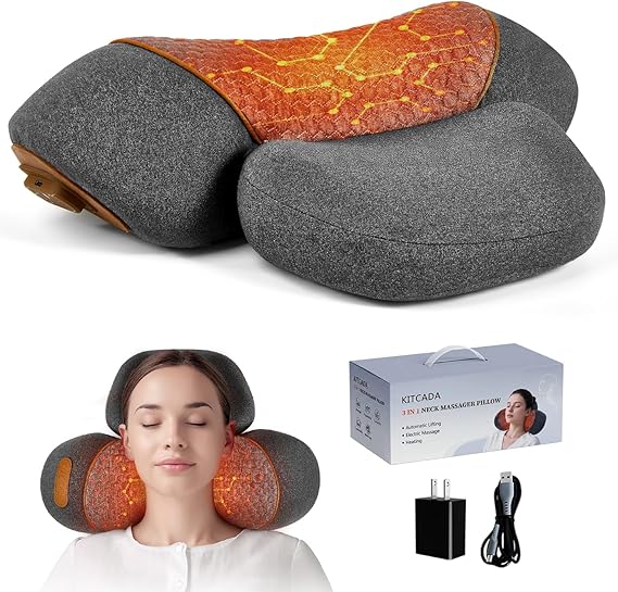 Upgraded Neck Massager Pillow, 3-in-1 Neck Massager, Traction Massage with Heat, Neck Pillow for Shoulder Pain, Deep Tissue Pain Relief,Rechargeable TheraPillow, Gifts for Fathers Mother (Dark Gray)