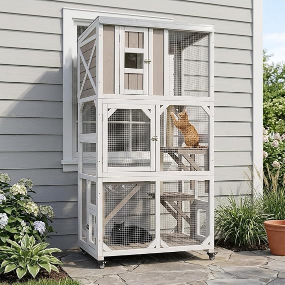 Portable 63" Catio with Wheels, Outdoor Cat Enclosure with Window Access