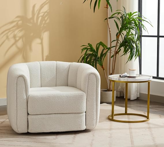 Lakifun Swivel Accent Chairs for Living Room, Teddy Fabric 360 Degree Round Swivel Barrel Armchair, Pumpkin Shaped Single Club Sofa Chair for Home Bedroom Apartment Office (Beige)