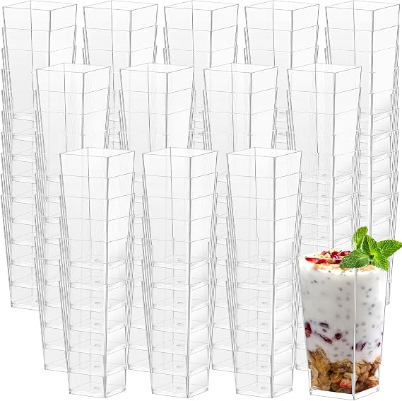 Uiifan 500 Pack 3 oz Mini Dessert Cups Tall Clear Plastic Parfait Cups for Desserts, Appetizers, Mousse Chocolate DessertSquare Shape