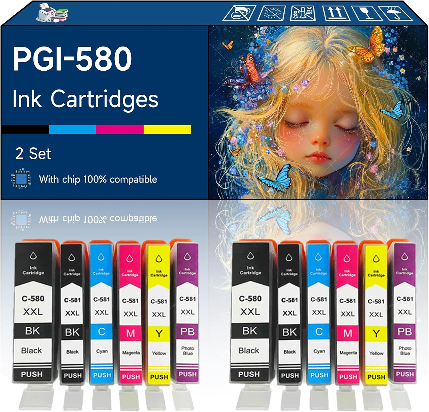 PGI-580 CLI-581 Ink Cartridges Compatible with Canon TS8252 TS8350 TS9550 TS9551C TS6250 TS705 TS8250 Printers 2 Set