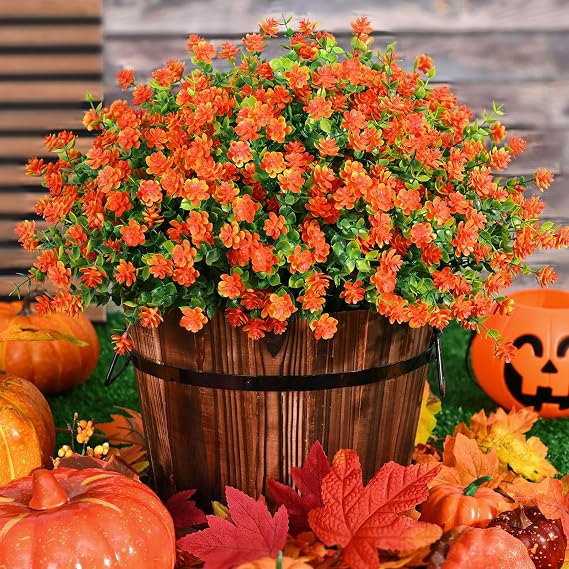 Fall Decor, Fake Mums, 12 Bundles Fall Flowers, UV Resistant Artificial Mums for Outdoors, Faux Mums for Outside, Fall Flowers Plants Artificial for Decoration For Home Porch Thanksgiving,Red Orange