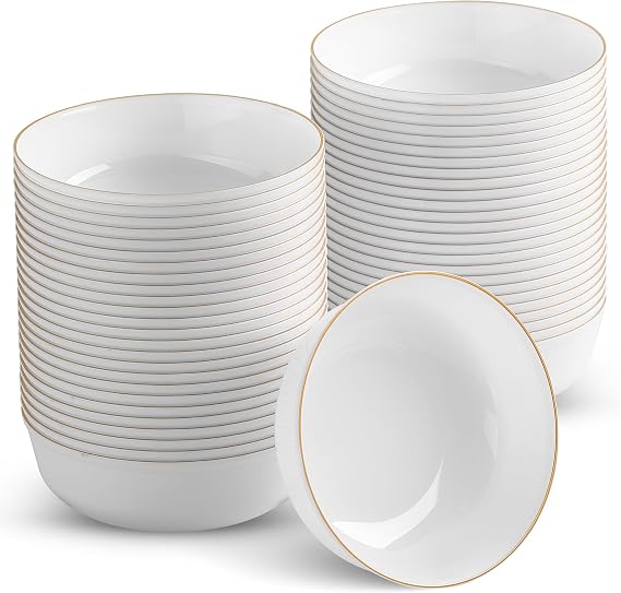 Disposable Plastic Soup Bowls, 50-Pack 14 Oz. Heavyweight White With Gold Rim Bowls For Party, Wedding Or Event