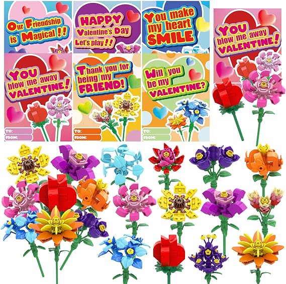 JOICEE 24 Pack Valentines Day Gifts Cards for Kids, Flower Building Blocks with Valentine Greeting Cards Bouquet Building Blocks Toys for Boys Girls Gifts School Exchange Prize Party Favors