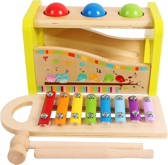 TOWO Wooden Hammer Ball and Xylophone Set, Pounding Bench Toy | Includes mallet, pegs, balls and xylophone; supports fine motor skills, sensory play and musical activity, gift age 1+