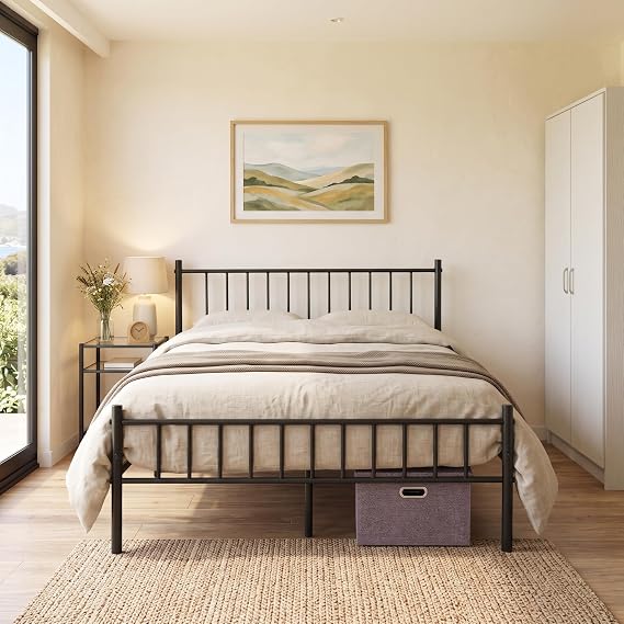 Small Double Bed Frame 4ft Metal Bed Frame Double with Underbed Storage, Black, Suitable for 120x190 cm Mattress