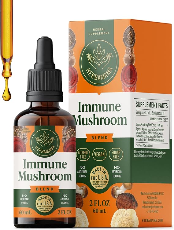 HERBAMAMA Mushroom Supplement - Reishi Chaga Lions Mane Extract | Mushroom Complex Immunity Supplement Non-GMO Alcohol & Sugar-Free Vegan Liquid Formula 28-Day Supply 2 fl oz