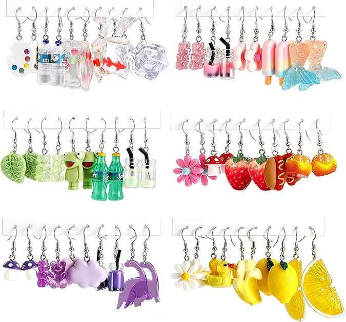GIFIKOI 30 Pairs Cute Weird Funny Earring for Women Kawaii Aesthetic Food Gummy Bear Fruit Mushroom Fun Dangle Drop Earring Set