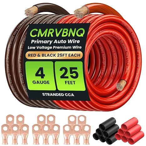 4 Gauge Battery Cable CCA Wire Kit, 25ft Each Red and Black | With Terminals Heat Shrink Tubes Low Voltage Primary Automotive Power Ground Cable for Car Audio Amp Subwoofer RV Wiring