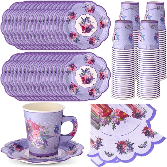 300 Pcs disposable paper tea cups for tea party Bulk, include 9 oz Floral Paper Tea Cup Set with Handle and Saucers 10" vintage Napkins for Floral Tea Party Wedding Baby Shower(Purple)