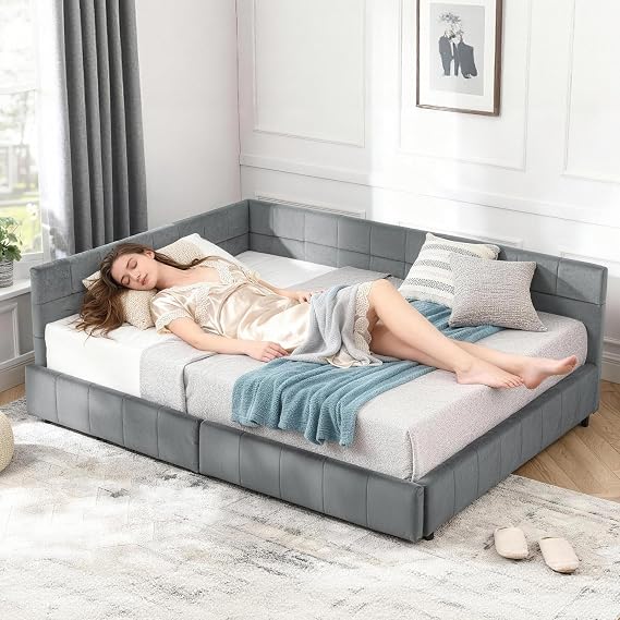 Velvet Full Size Corner Daybed Frame with Storage Drawers