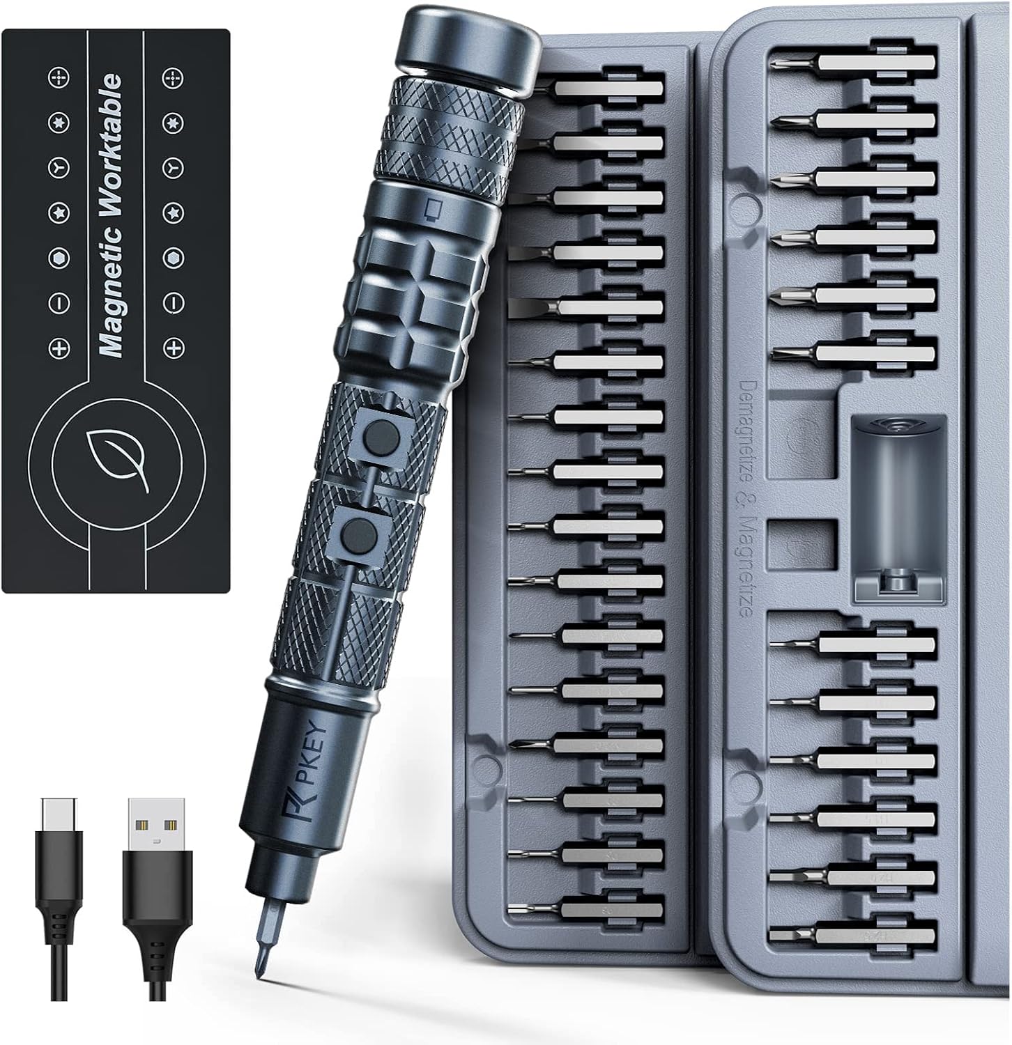 PKEY Cordless Electric Screwdriver Set, Mini Electric Screwdriver, 28 Magnetic Bits, 3 Gears Torque, Two batteries,Rechargeable Portable Repair Tool Kit for Electronics Laptops Clocks Glasses Camera