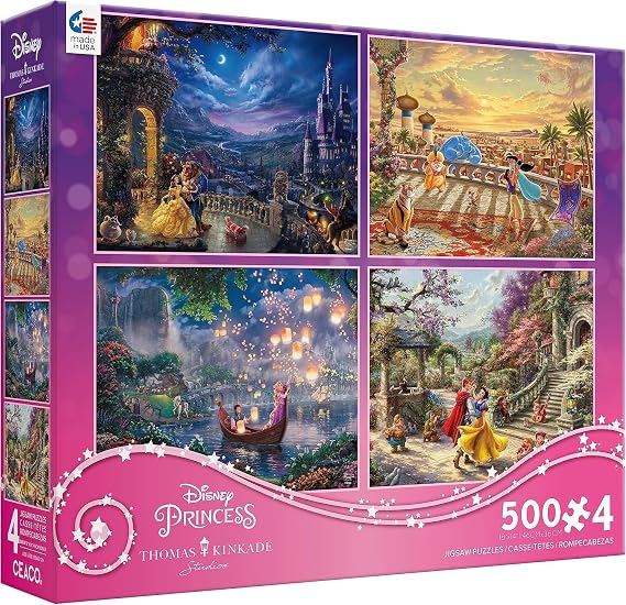 Ceaco - Thomas Kinkade Disney Princess 4 Pack 500 Piece Jigsaw Puzzles Multi Pack for Adults and Teens