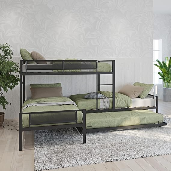 L-Shaped Triple Bunk Bed with Trundle for 4 Boys/Girls/Adults, Sturdy Metal Quad Bunk Beds Twin Over Twin w/Safety Textilene Guardrails & Wood Slats for Dorm, Bedroom, Guest Room