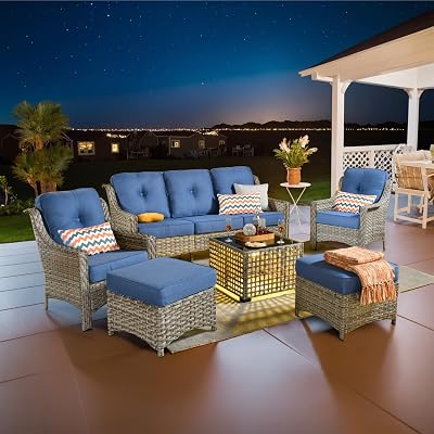 Outdoor 6 Pieces Coversation Set with Glowing Coffee Table, Patio Furniture High Back Couch with Ottoman, Rattan Wicker 3-Seater Sofa for Porch Balcony Backyard,Blue