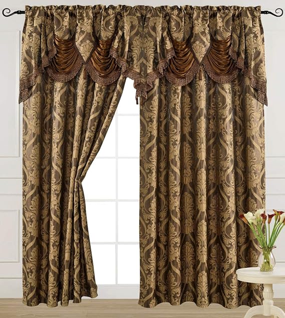 V Luxury Jacquard Curtain Panel with Attached Waterfall Valance, 54 by 84-Inch Ashley Light Brown