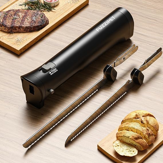Cordless Electric Knife, Electric Bread Knife with 4 Stainless Steel Blades, Electric Cutting Knife for Cutting Meats, Fish, Poultry, Bread, Cheese & More (Black)