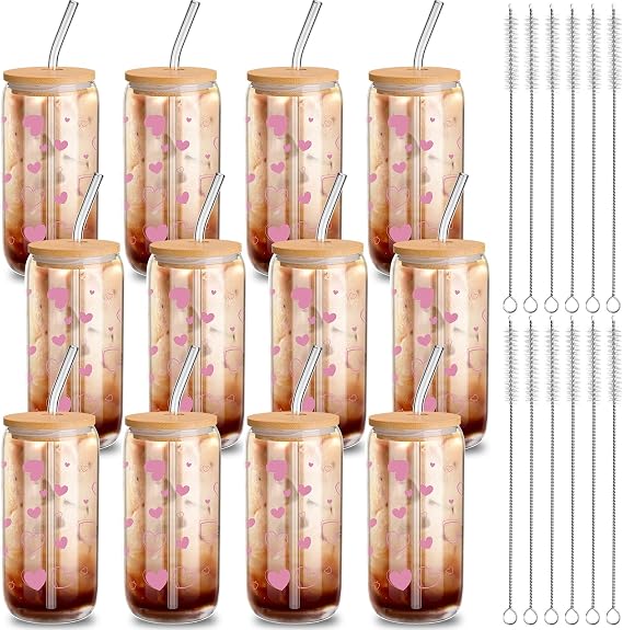 12 Pcs Valentine Gifts Glass Cups with Lids and Straws 16 oz Hearts Iced Coffee Cups Drinking Heart Women Ladies Wife Gift Valentines Day Galentines Party Supplies Wedding Birthday Pink