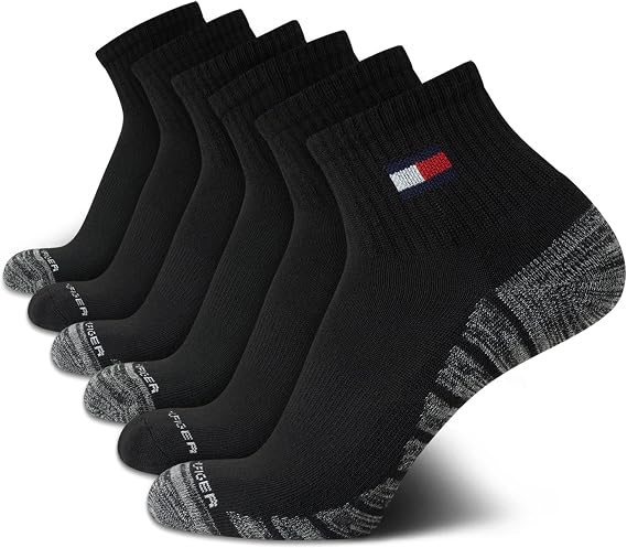Tommy Hilfiger Mens 6 Pack Cotton Cushioned Quarter Socks Arch Support | Soft Padded Sole With Breathable Mesh Zones, Supportive Ankle Fit That Stays Put Through Workouts and Everyday Active Days