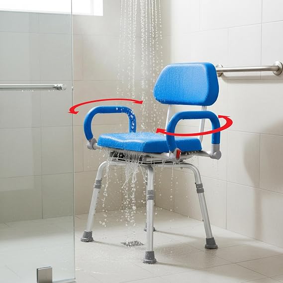 Platinum Health Revolution Pivoting Shower Chair for Bathtub, Adjustable Swivel Seat with Padded Back and Arms, Space Saving Design for Tubs, Shower, for Elderly, Handicap & Seniors, Aluminum, Blue