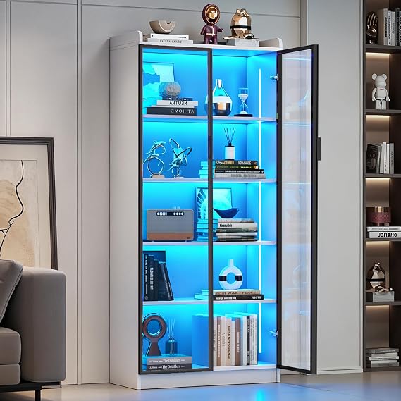 Dystler 65" 5-Tier Glass Display Cabinet with Doors | Curio Case Showcase for Collectibles & Figures, Motion Sensor RGB Lights, Adjustable Shelves, White