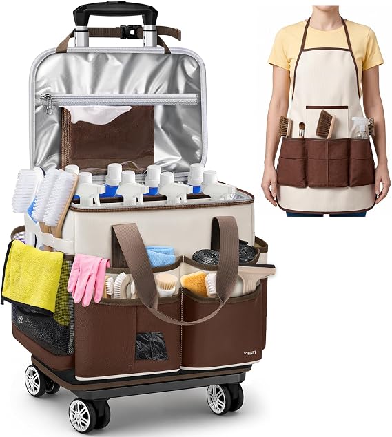 Ytonet Cleaning Caddy with 4 Spinner Wheels, Rolling Cleaning Caddy Bag | with Cleaning Apron & Detachable Trolley, Wearable Portable Cleaning Supplies Organizer Tote Cart for Housekeepers, Car, Tool