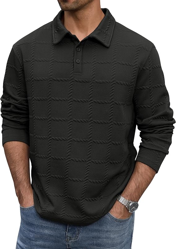 VOGSTART Men's Textured Polo Shirt Cable Knit Long Sleeve Button Down Pullover (S-XXL)
