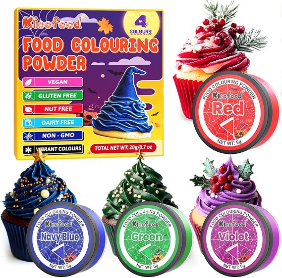 Food Colouring Powder - 4 Colours Food Dye, Concentrated Food Colouring Set, Food Grade Green Navy Blue Violet Red Food Colouring for Cake Decorating, Baking, Icing, Dessert, Cooking - 5g