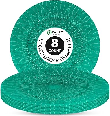 PARTY BARGAINS 13 Plastic Charger Plates, Raindrop Design, Teal Blue Disposable Round Table Chargers for Weddings, Parties & Events, BPA-Free 8 Pack