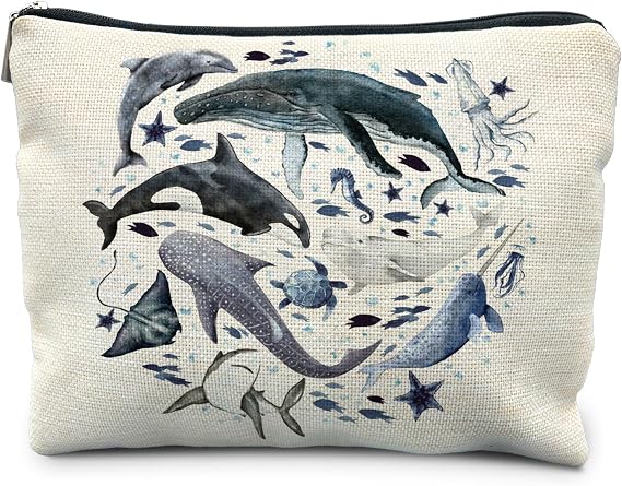 Ocean Animals Beach Shark whale Makeup Bag, Marine Life Beach Sea Animals Cosmetic Bags for Women, Beach Gifts for Women, Beach Vacation Gifts, Beach Lover Gifts, Ocean Themed Gifts, white