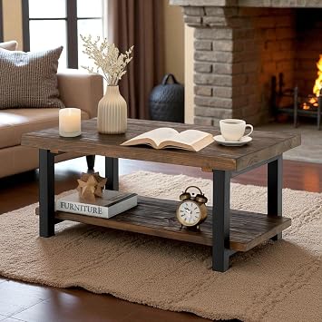 Pomona 42-Inch Rectangular Solid Wood Coffee Table with Storage Shelf & Metal Legs Rustic Industrial Farmhouse Living Room Table by Alaterre Furniture (Rustic Natural)