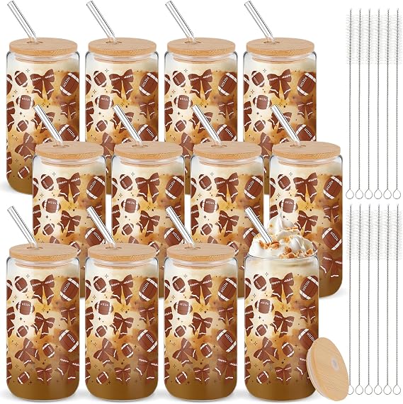12 Pack 16 oz Football Glass Cups with Bamboo Lid and Straw