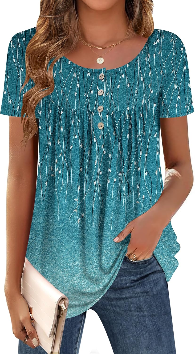 Zeagoo Women Tunic Tops Dressy Casual Summer Short Sleeve Shirts Floral Loose Fit Pleated Boho Top S-XXL